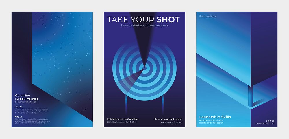 Three blue-themed business posters. Keywords: business, blue, posters. Featuring target, abstract design, and text.…