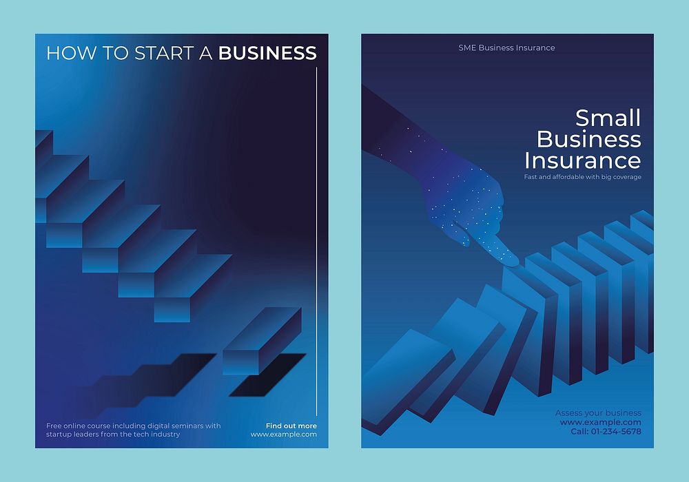 Business-themed posters with blue tones. Focus on starting a business and business insurance. Digital elements highlight…