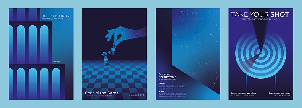 Set of four blue-themed posters with abstract designs. Includes chess hand, target, and geometric patterns. Ideal for…