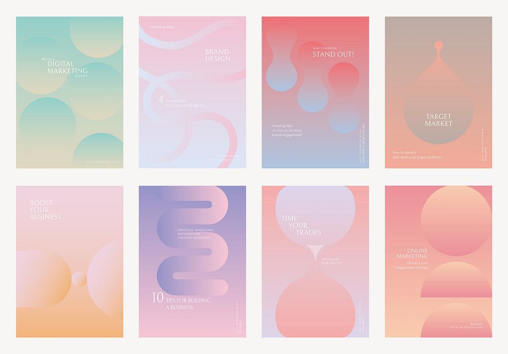 Set of eight pastel gradient posters for digital marketing, brand design, and online marketing. Ideal for business…