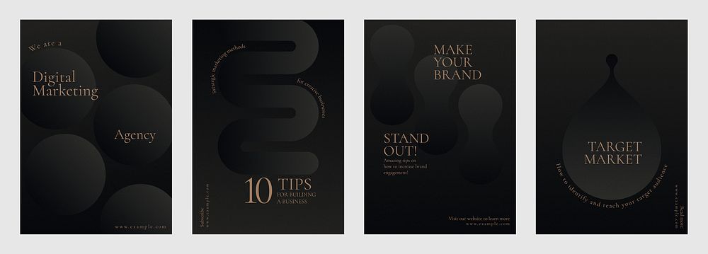 Set of four elegant digital marketing posters. Dark theme with bold text. Focus on branding, agency tips, and target market.…