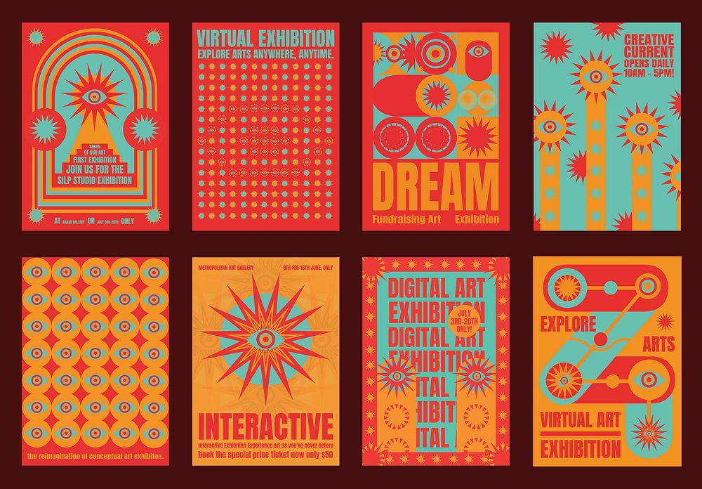 Colorful exhibition posters with bold text and abstract designs. Virtual art exhibition, interactive and digital themes.…