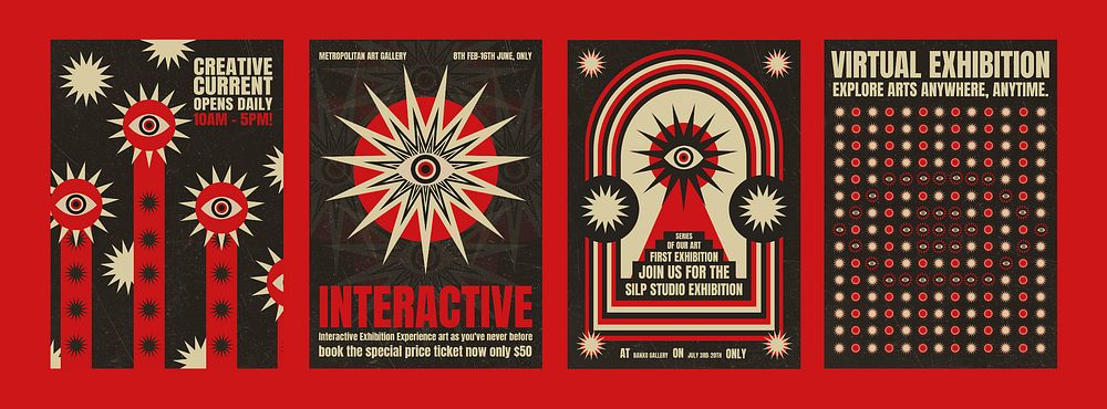 Retro exhibition posters with bold red and black designs. Eye motifs and text highlight interactive and virtual exhibition…