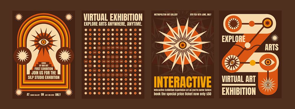 Retro psychedelic art exhibition posters with abstract designs. Virtual exhibition theme with bold graphics. Eye-catching…