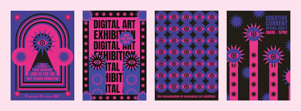 Digital psychedelic art exhibition posters in vibrant pink and blue. Eye motifs and bold text. Creative, digital, and…