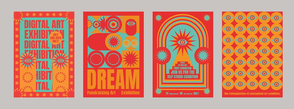 Colorful digital art exhibition posters with bold text and geometric patterns. Digital art and exhibition themes in vibrant…