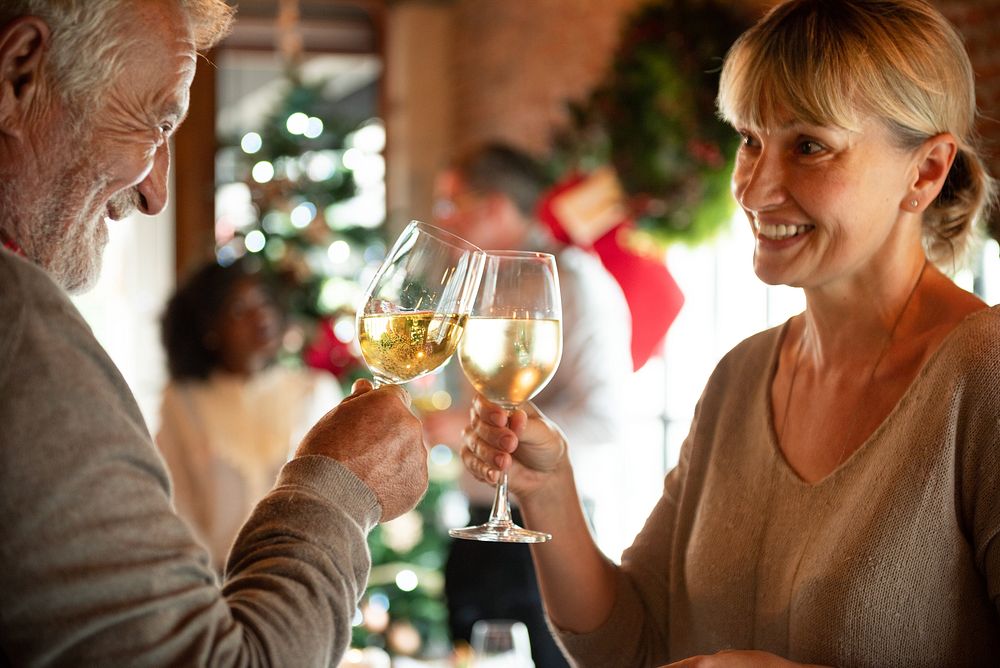 Elderly man and woman toasting with wine glasses, celebrating together. Festive atmosphere, joyful expressions, holiday…