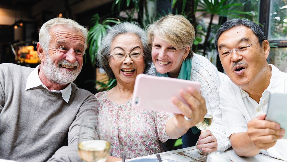 Group of senior friends selfie, smile and happy. Smiling diverse senior friends take selfie photo. Happy senior friends have…