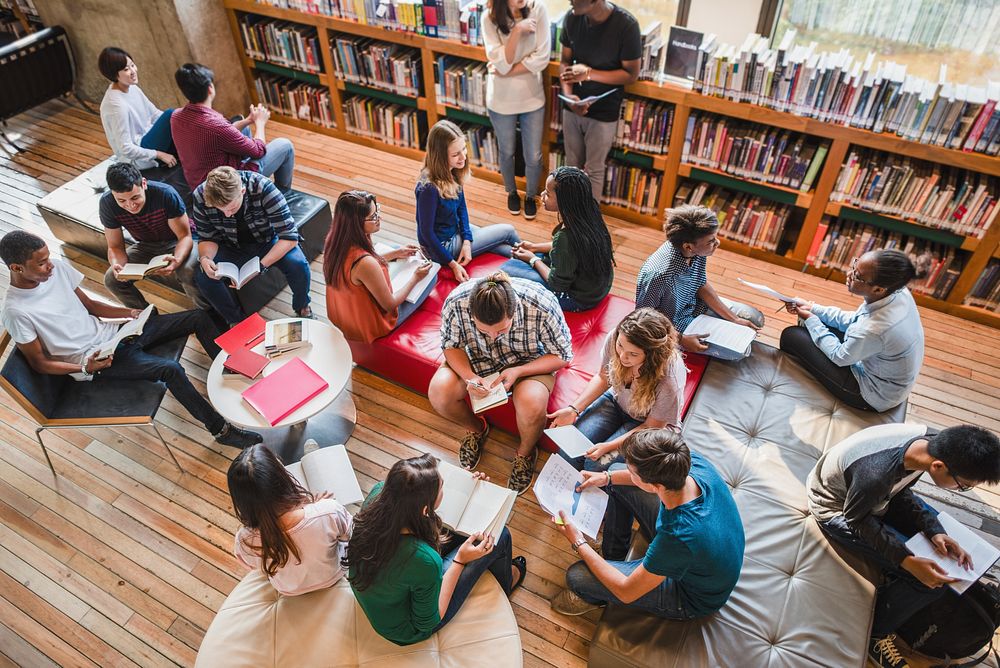 Diverse group of students studying in a library, reading books, and discussing. Students in a library setting, engaged in…