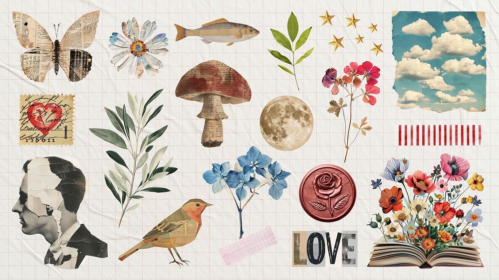 Vintage ephemera scrapbook collage  design element set