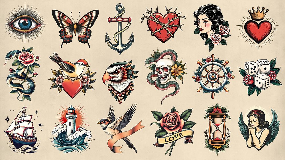 Vintage tattoo design element set