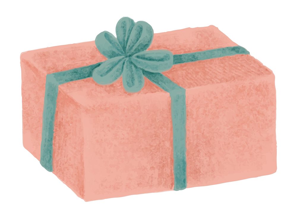 Illustration of a pink gift box with a teal ribbon and bow. The gift box is wrapped neatly, showcasing a festive and…