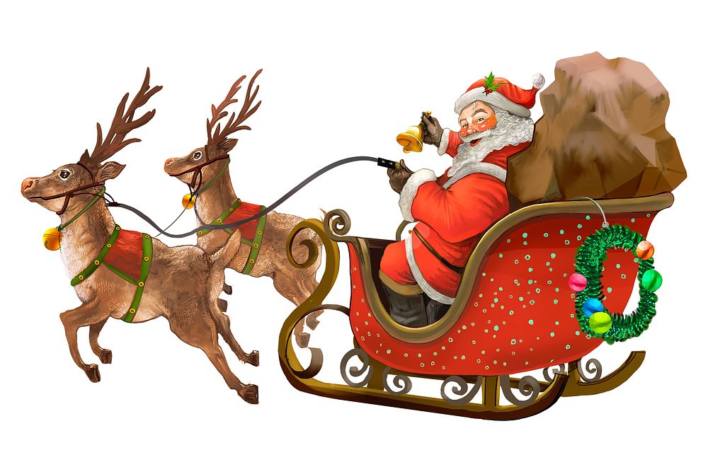 Santa Claus in a red sleigh with reindeer, holding reins. Santa, sleigh, and reindeer in a festive scene. Santa's sleigh…