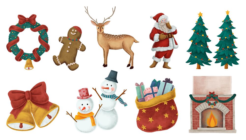 Christmas illustrations with Santa, reindeer, snowmen, wreath, bells, and gifts. Festive holiday icons include trees…