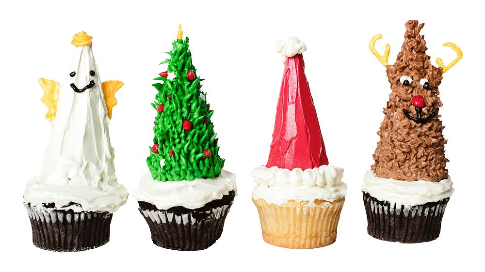 Festive cupcakes decorated as Christmas tree, Santa hat, reindeer, and angel. Christmas cupcakes with creative holiday…