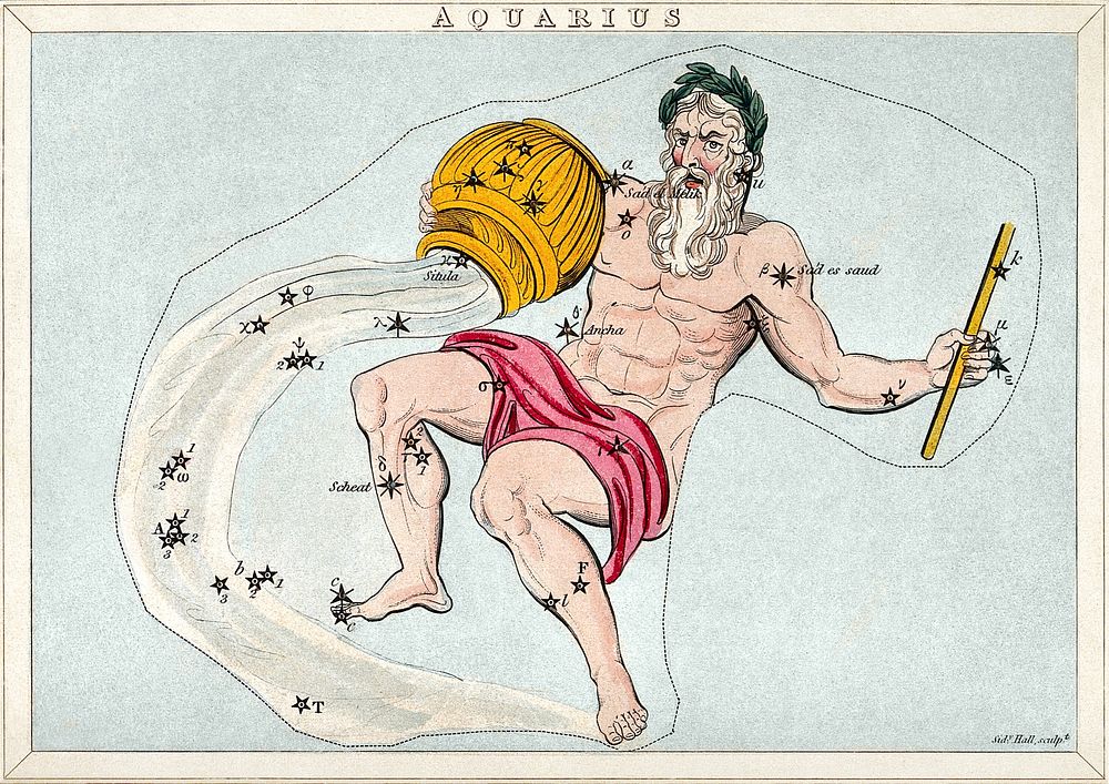 Astrology: signs of the zodiac, Aquarius. Coloured engraving by S. Hall. Digitally enhanced by rawpixel.