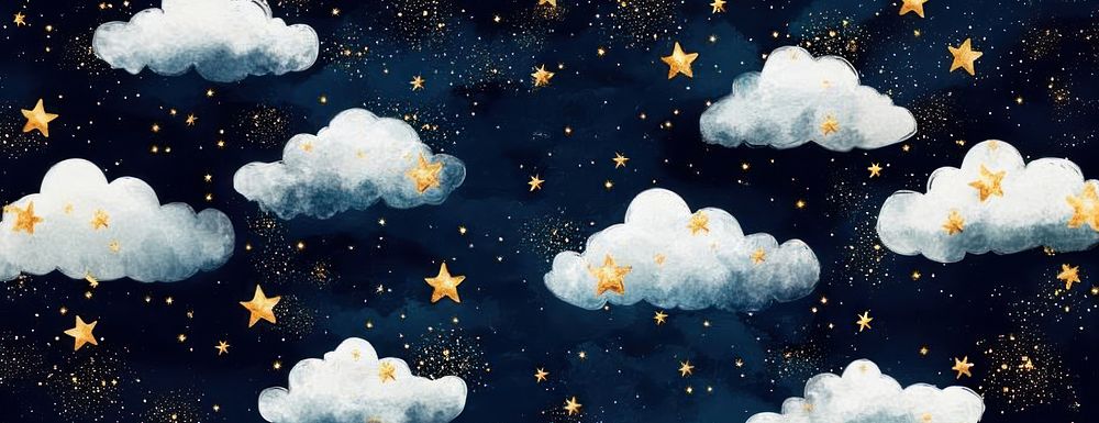 Watercolor dark blue background clouds stars sky.