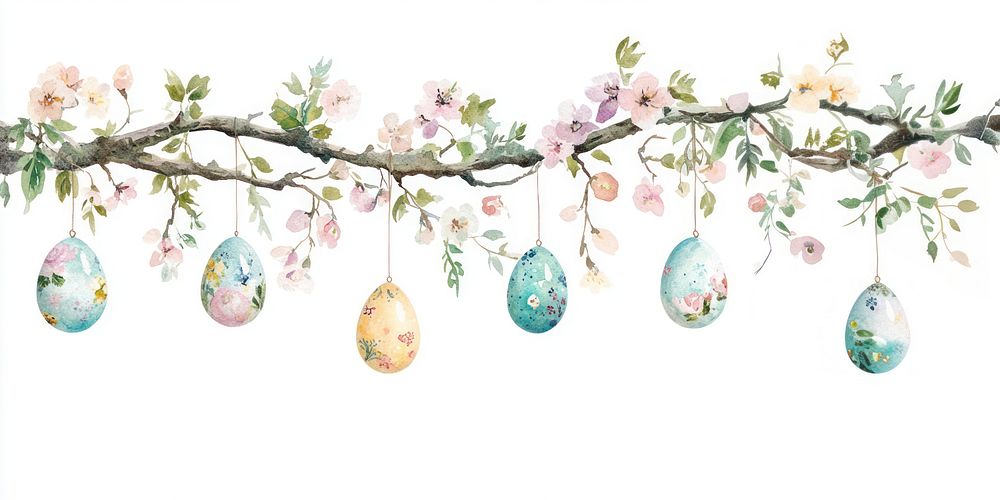 Easter eggs hanging watercolor flower branch.