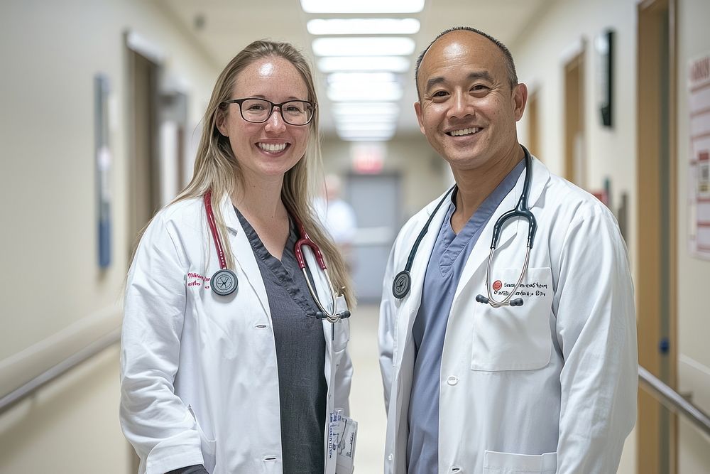 Two doctors of different genders and ethnicities stethoscope hospital coats.