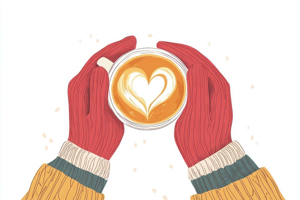 Hands in gloves holding a cup coffee illustration sweater.