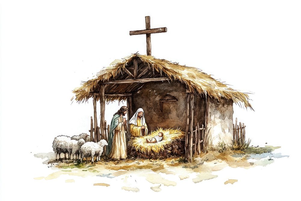 Nativity scene cross sheep illustration.