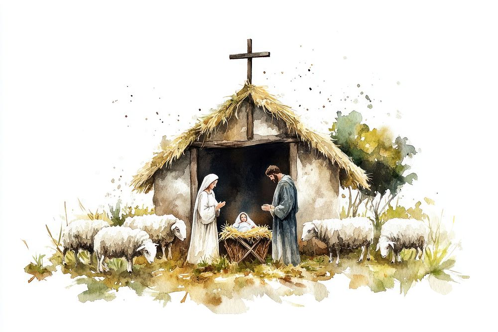 Nativity scene sheep illustration watercolor.