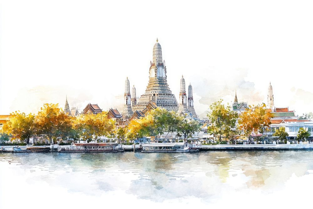 Wat Arun in Thailand architecture watercolor landmark.