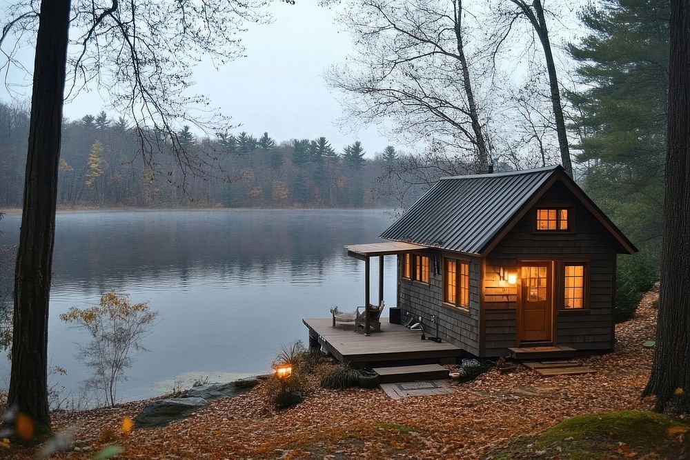 Tiny house in the woods lakeside scenery nature.