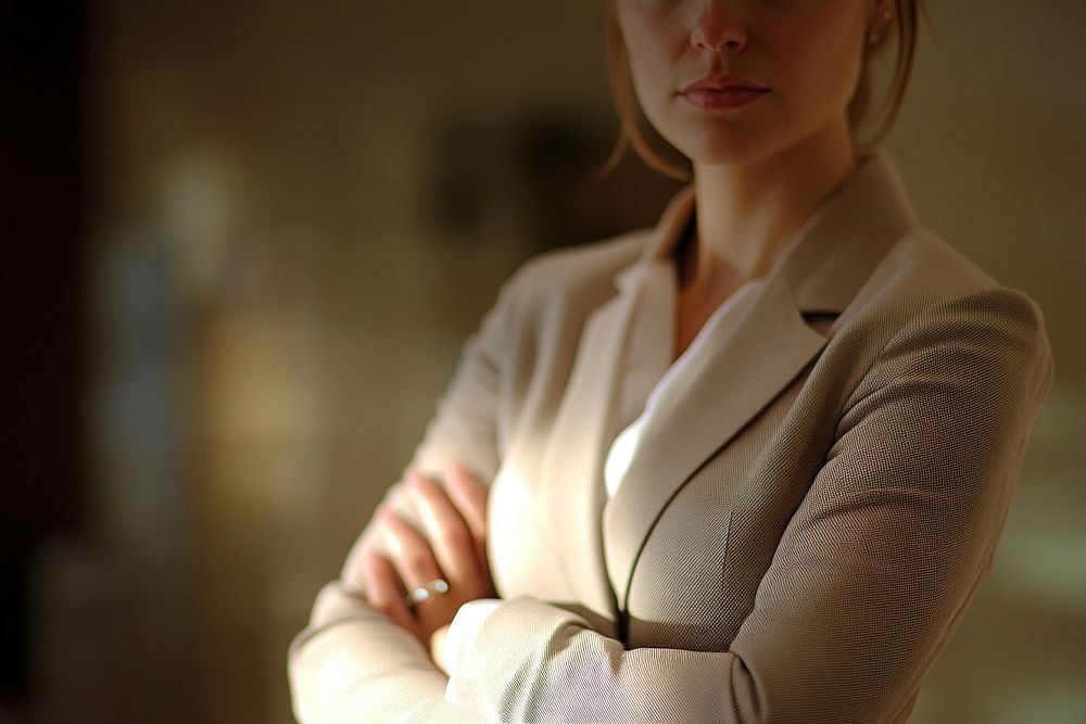 A business woman standing with arms crossed professional attire business attire.