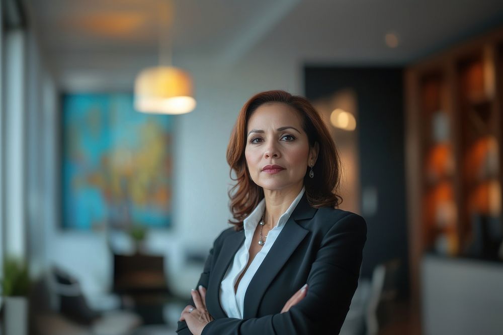 Hispanic business woman in her 40s standing in the office professional executive interior.