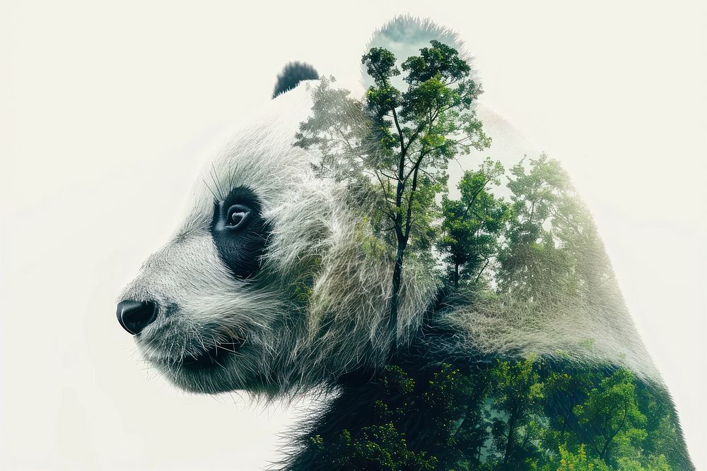 Animal double exposure panda with trees photography wildlife illustration.