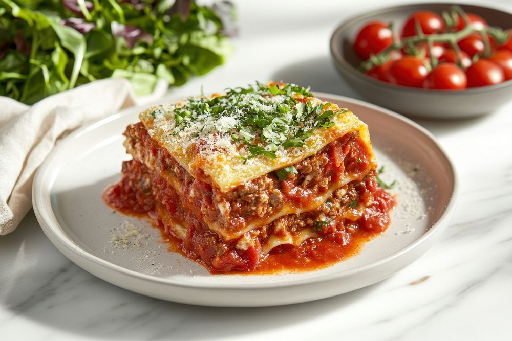 A plate of classic lasagna with tomato sauce pasta food tomatoes.