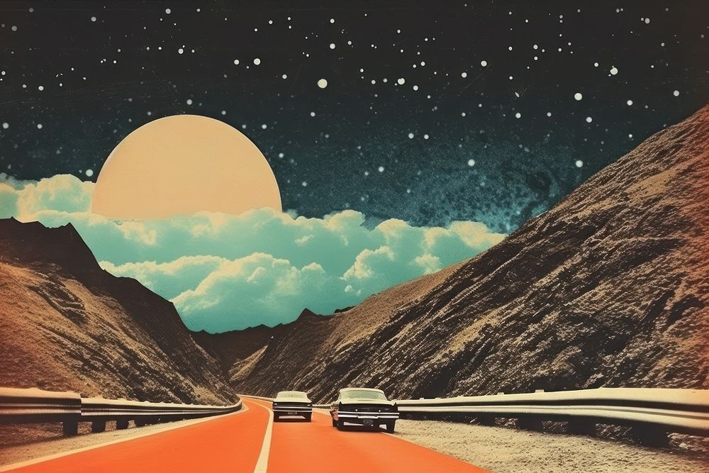 Collage Retro dreamy of a car driving on expressway through mountains cars landscape nature.