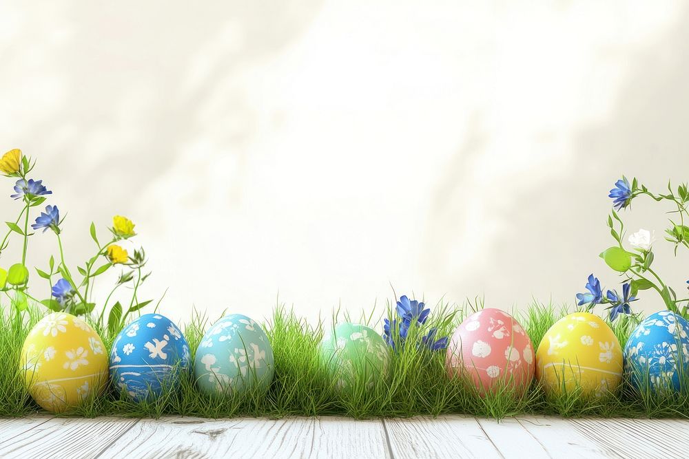 Colorful Easter eggs on a wooden table flowers grass colorful.