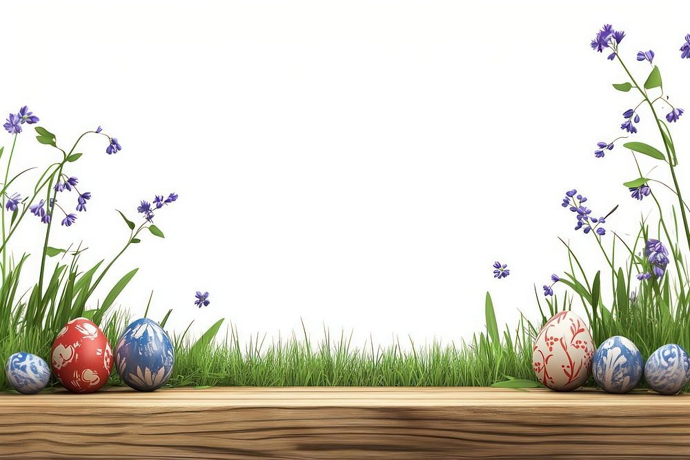 Colorful Easter eggs on a wooden table grass colorful flowers.