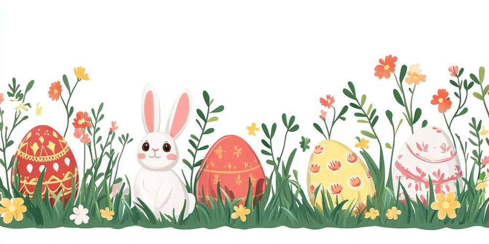 Easter eggs and rabbit on green grass and flowers border illustration easter easter eggs.