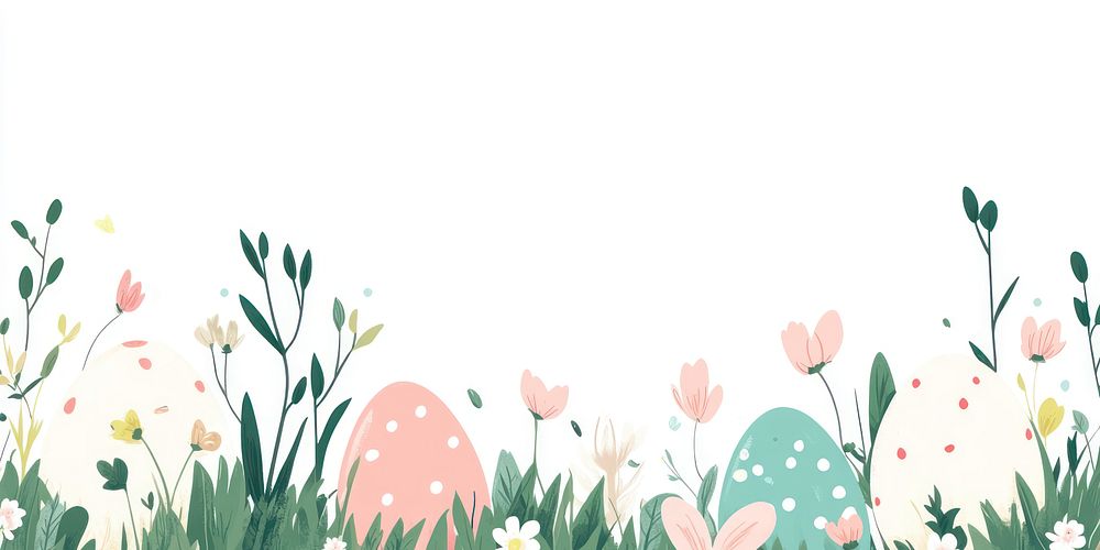 Easter eggs on green grass and flowers border illustration graphics easter.