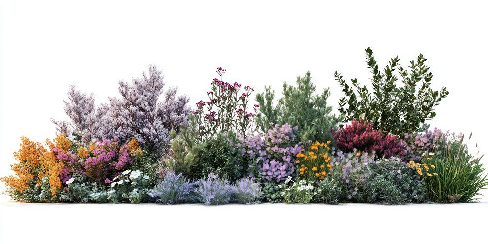 A flower bushes and shrubs on a white background nature plants arrangement.