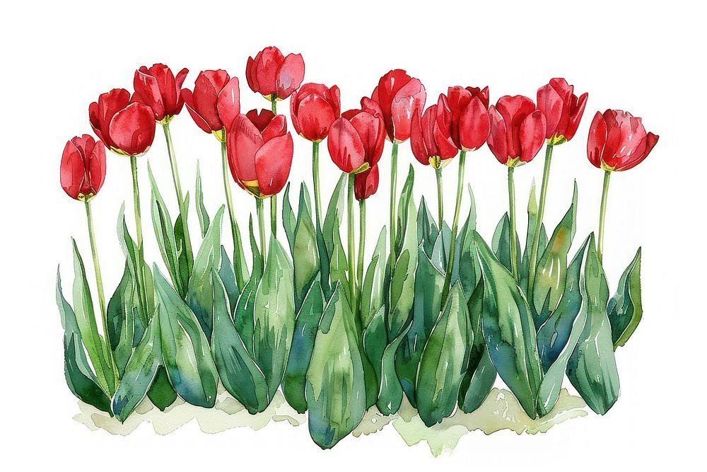 A Red Tulip flower bed tulips illustration watercolor.