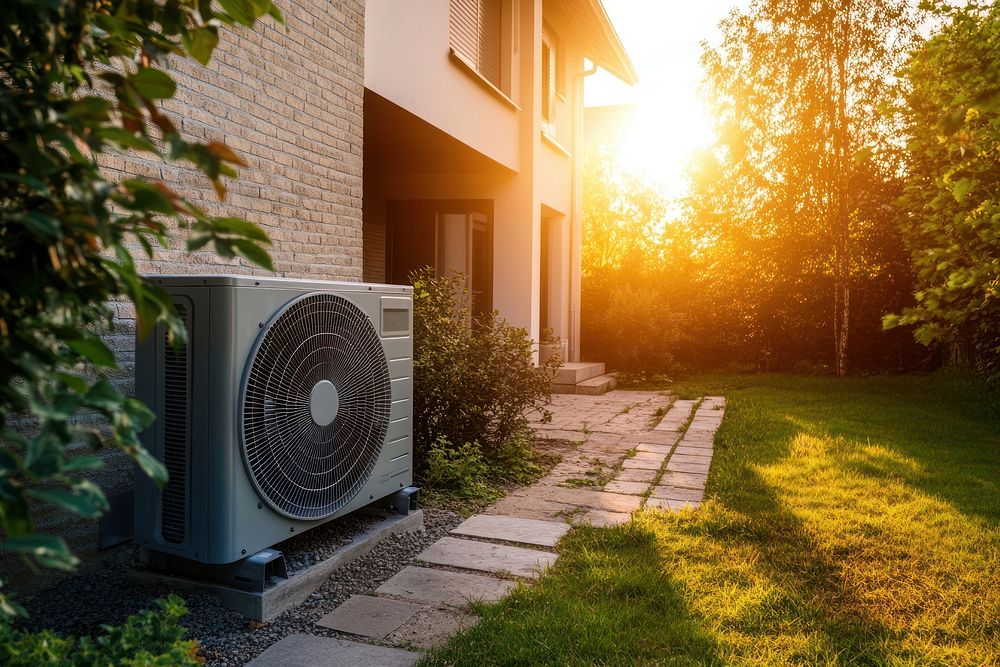 Modern air-source heat pump in front of a modern house outdoors environmentally conditioning.