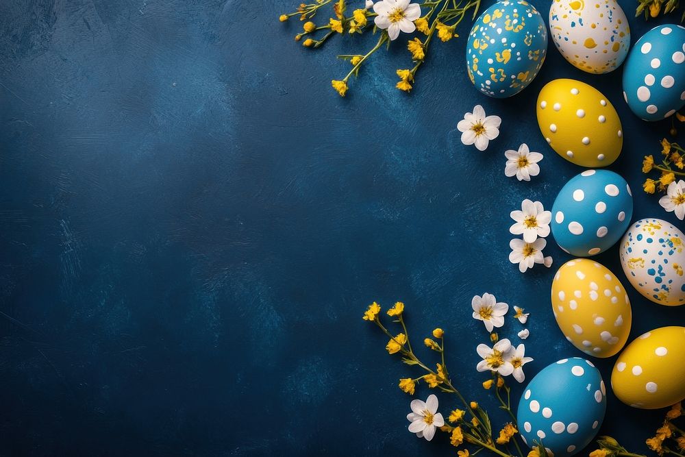 Colorful Easter eggs on a dark blue background celebration flowers holiday.