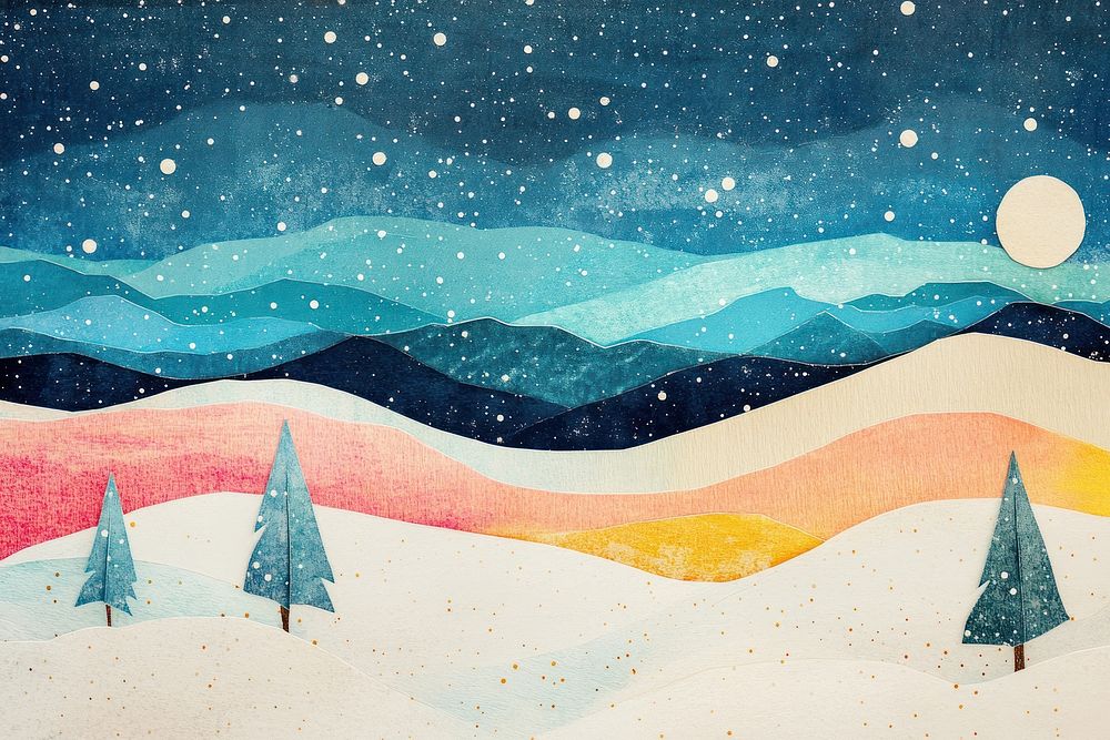 Collage Retro dreamy of snow field landscapes nature colors paper.