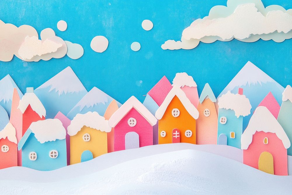 Snow village landscapes colors paper art.