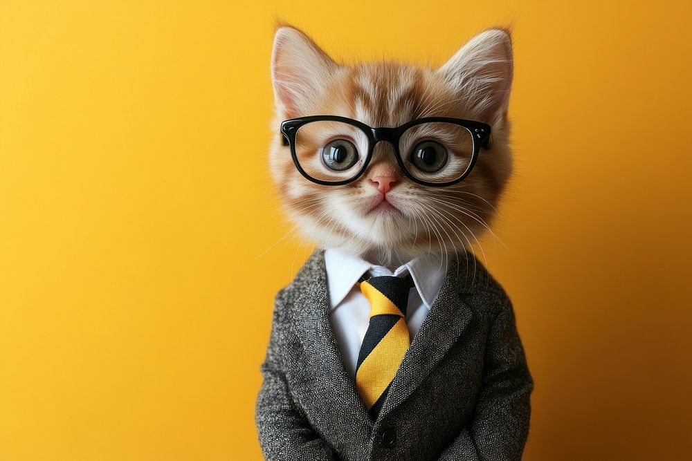 Cute kitten wearing glasses and a tie portrait background business.