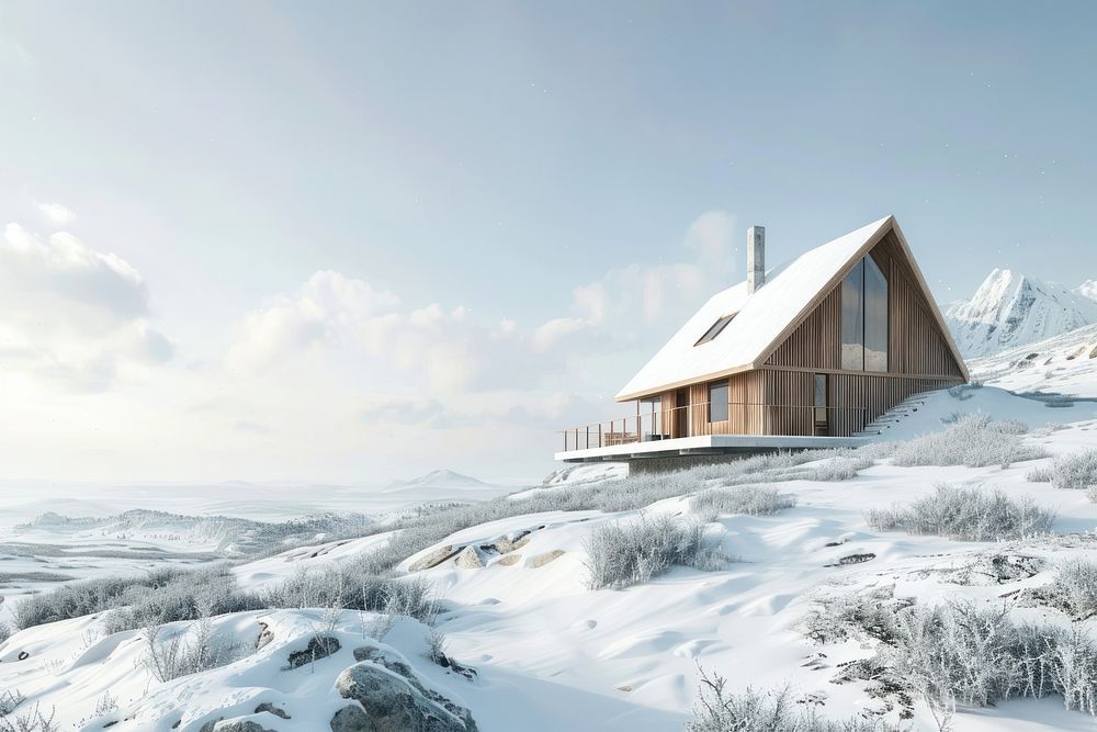 Winter tundra landscape with wood cabin architecture building outdoors.