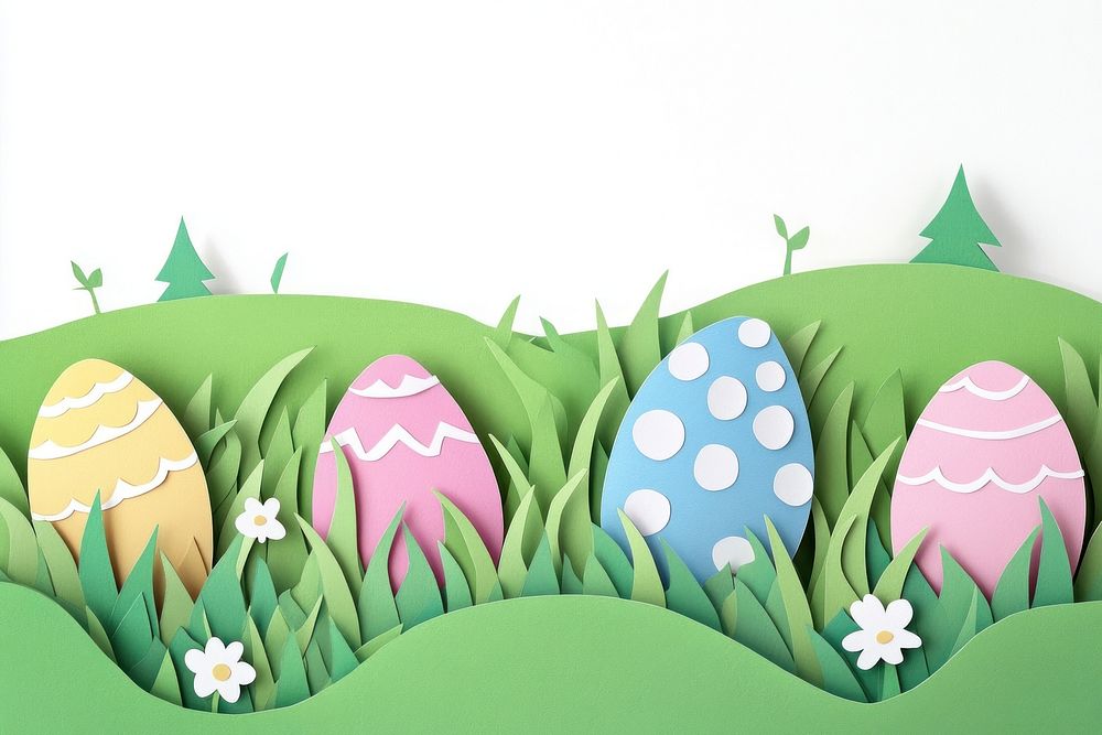 Green field with cute easter eggs colors paper celebration.