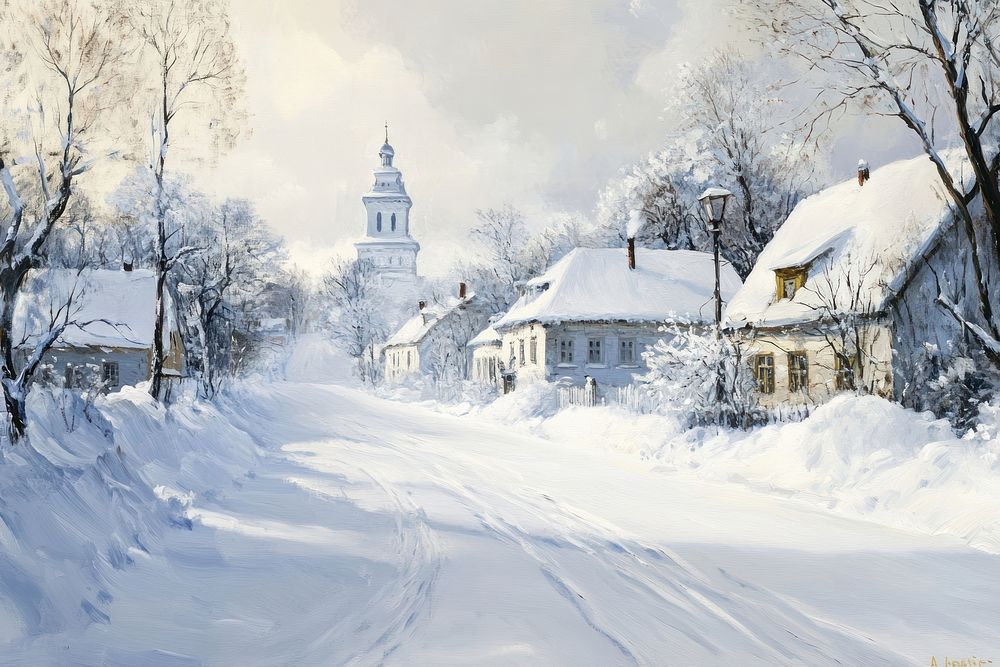 Winter village borders painting houses snow.