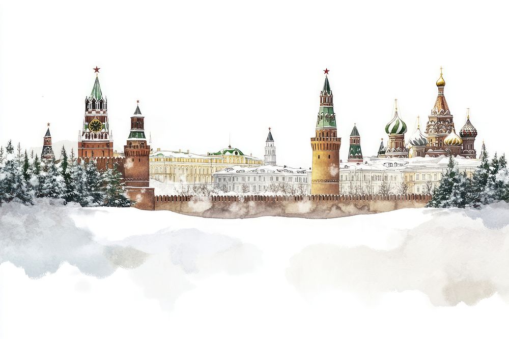 Moscow in Russia architecture watercolor buildings.