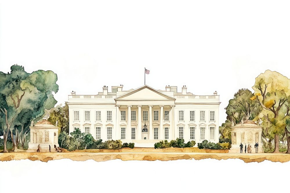 White house landmark architecture watercolor.