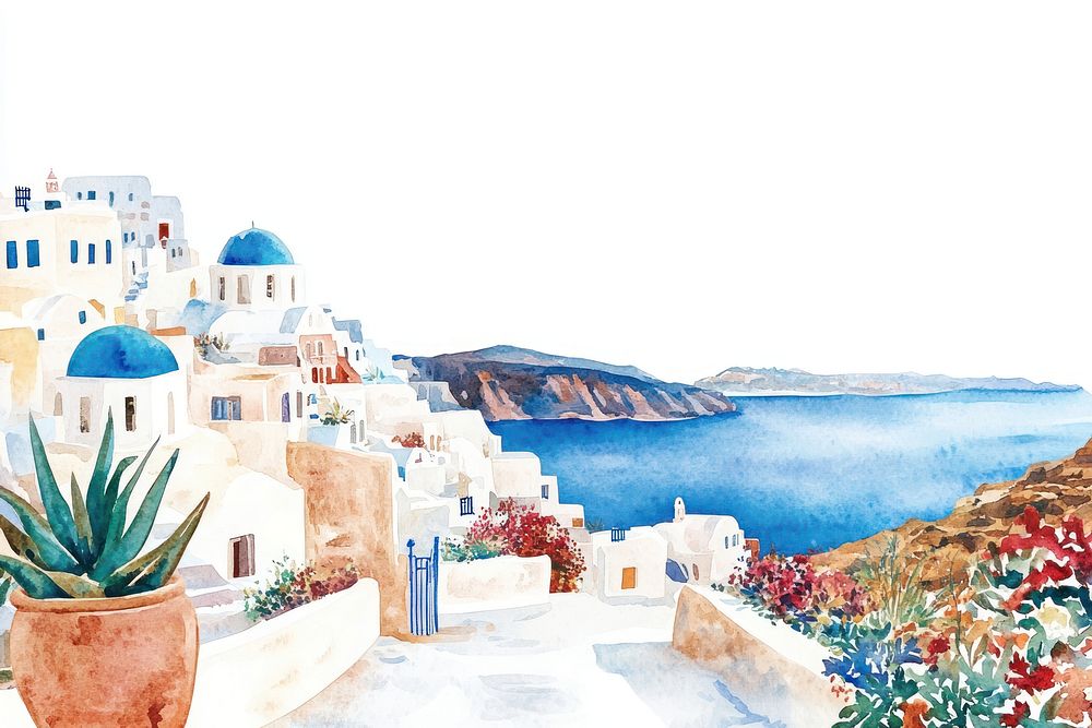 Santorini island watercolor santorini white.